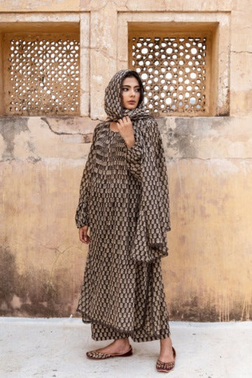 Biba Kashmiri Faren Abaya Black Hand-Block Print Kurta Set With Dupatta