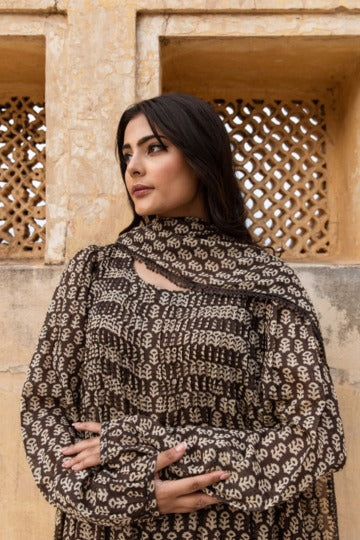 Biba Kashmiri Faren Abaya Black Hand-Block Print Kurta Set With Dupatta