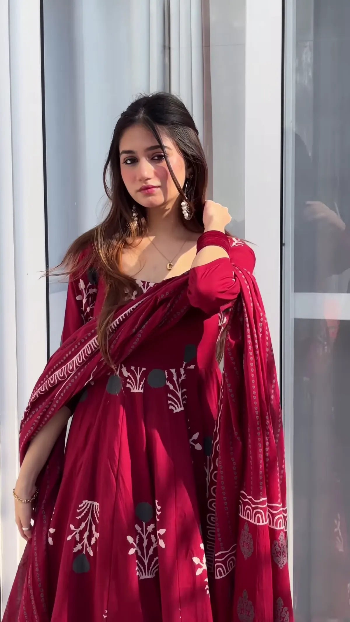 Biba Maroon Handblock Anarkali Set