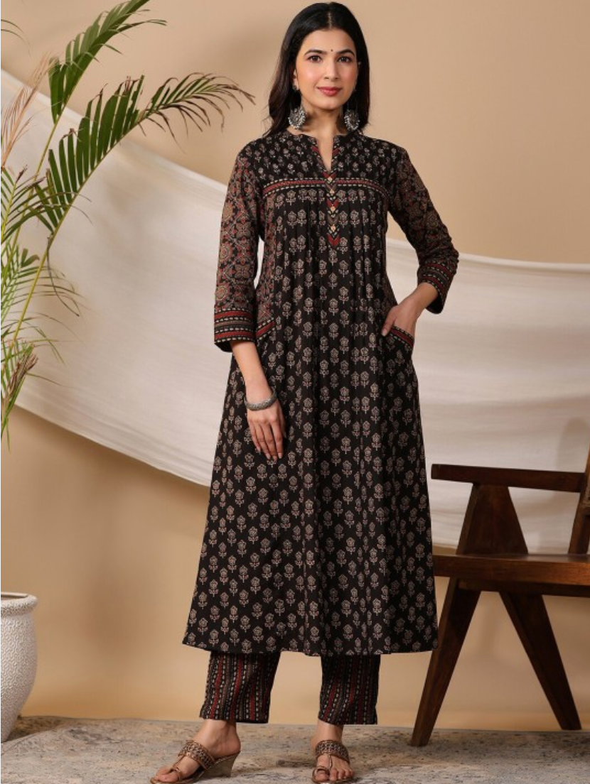 Biba Black Ethnic Motifs Printed Regular Pure Cotton Kurta With Trousers & Dupatta