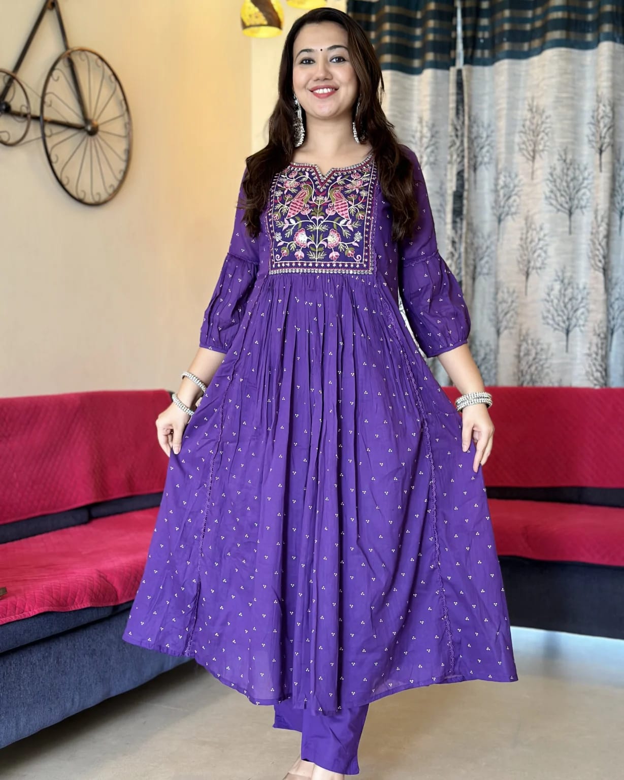 Biba Purple Anarkali Kurta Set with Cotton Pant and Malmal Dupatta