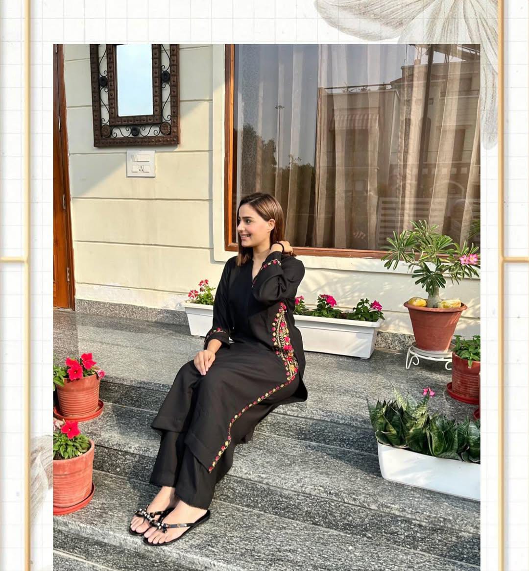 Biba Black Cotton A-Line Kurti With Pant Set For Women