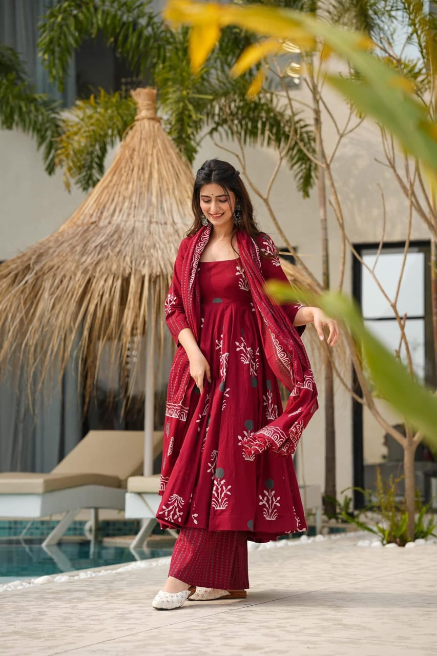 Biba Red Pure Cotton Anarkali Kurta Set for Women