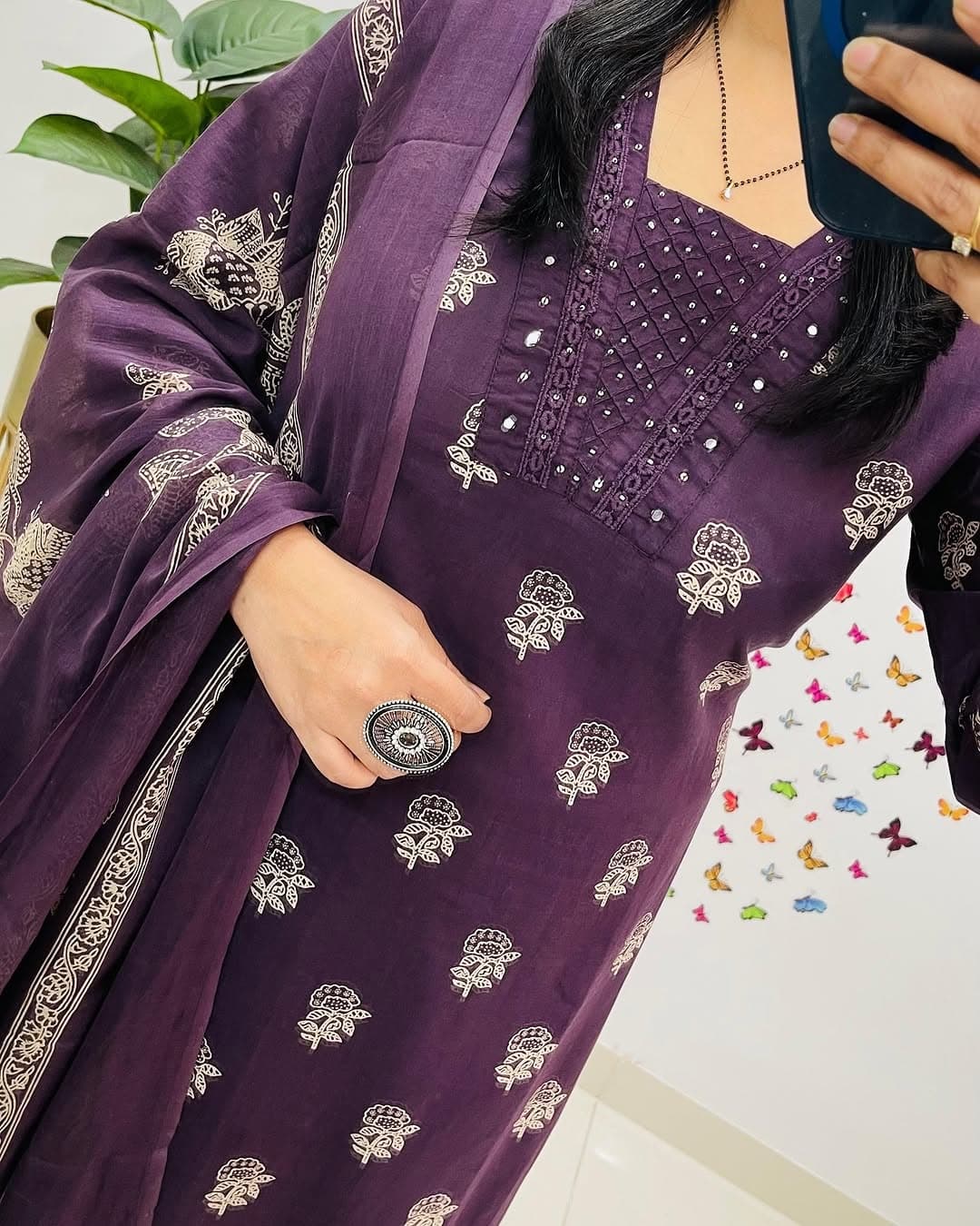 Biba Purple Designer Handblock Print Kurti Pant and Dupatta Set