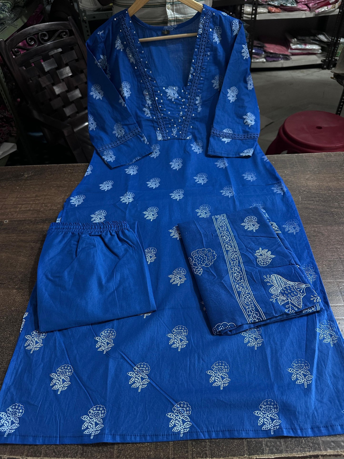 Biba Dark Blue Designer Handblock Print Kurti Pant and Dupatta Set