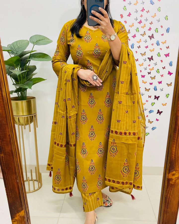 Biba Yellow Kalamkari Fusion Azrak Bagru Print Kurti Pant and Dupatta Set