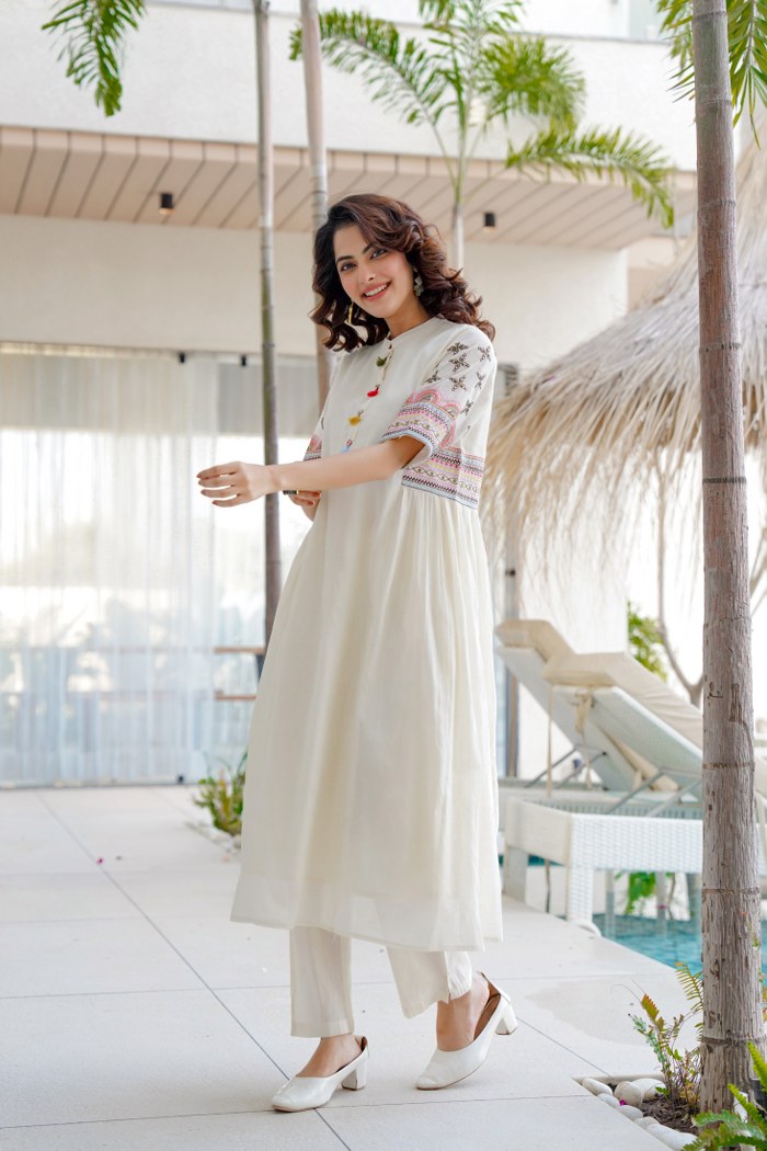 Biba White Pure Cotton Round Neck Kurti and Pant Set