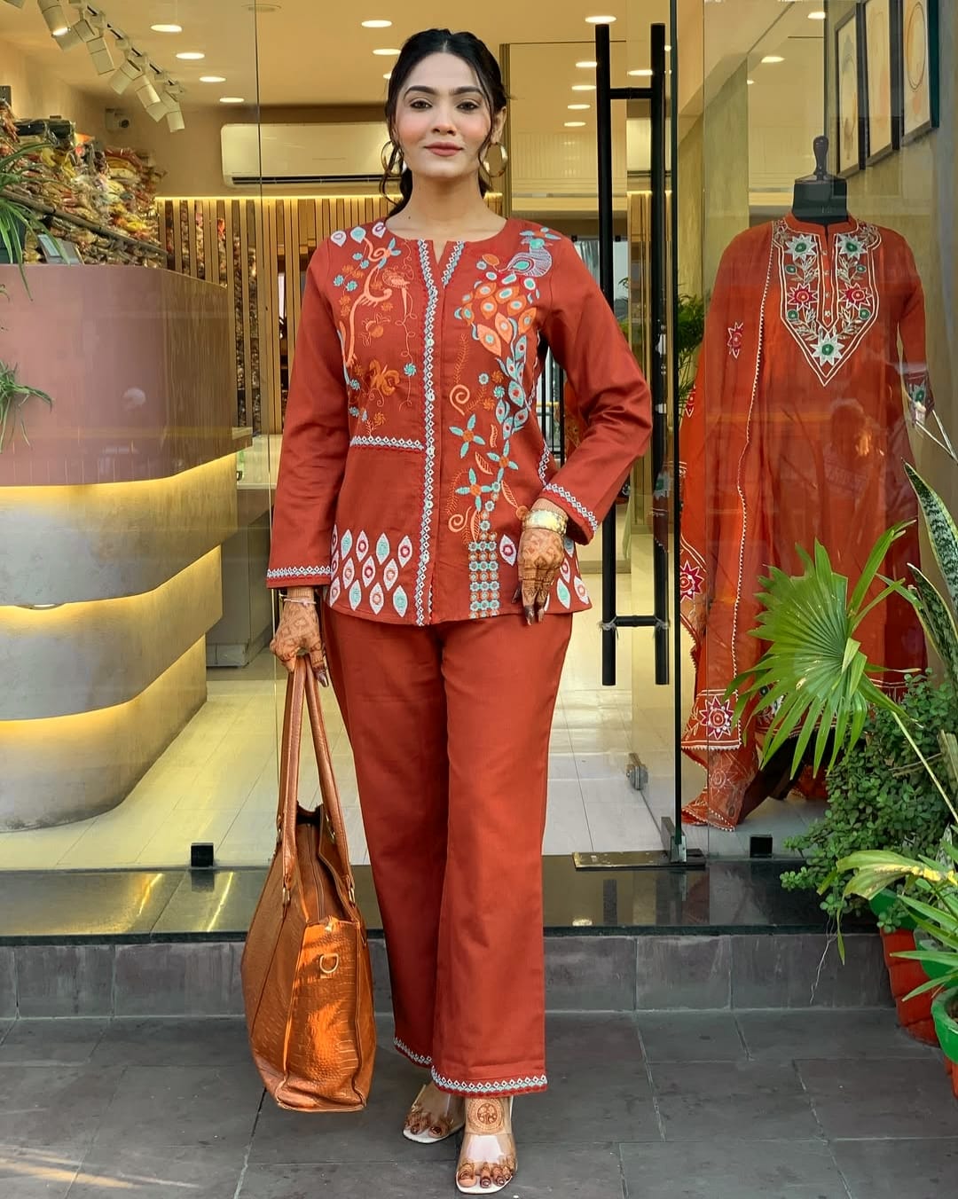 Biba Rust Premium Cotton Co-ord Set Embroidery Work