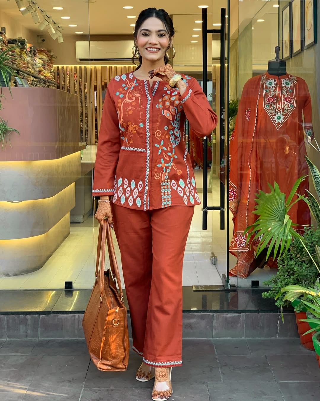 Biba Rust Premium Cotton Co-ord Set Embroidery Work