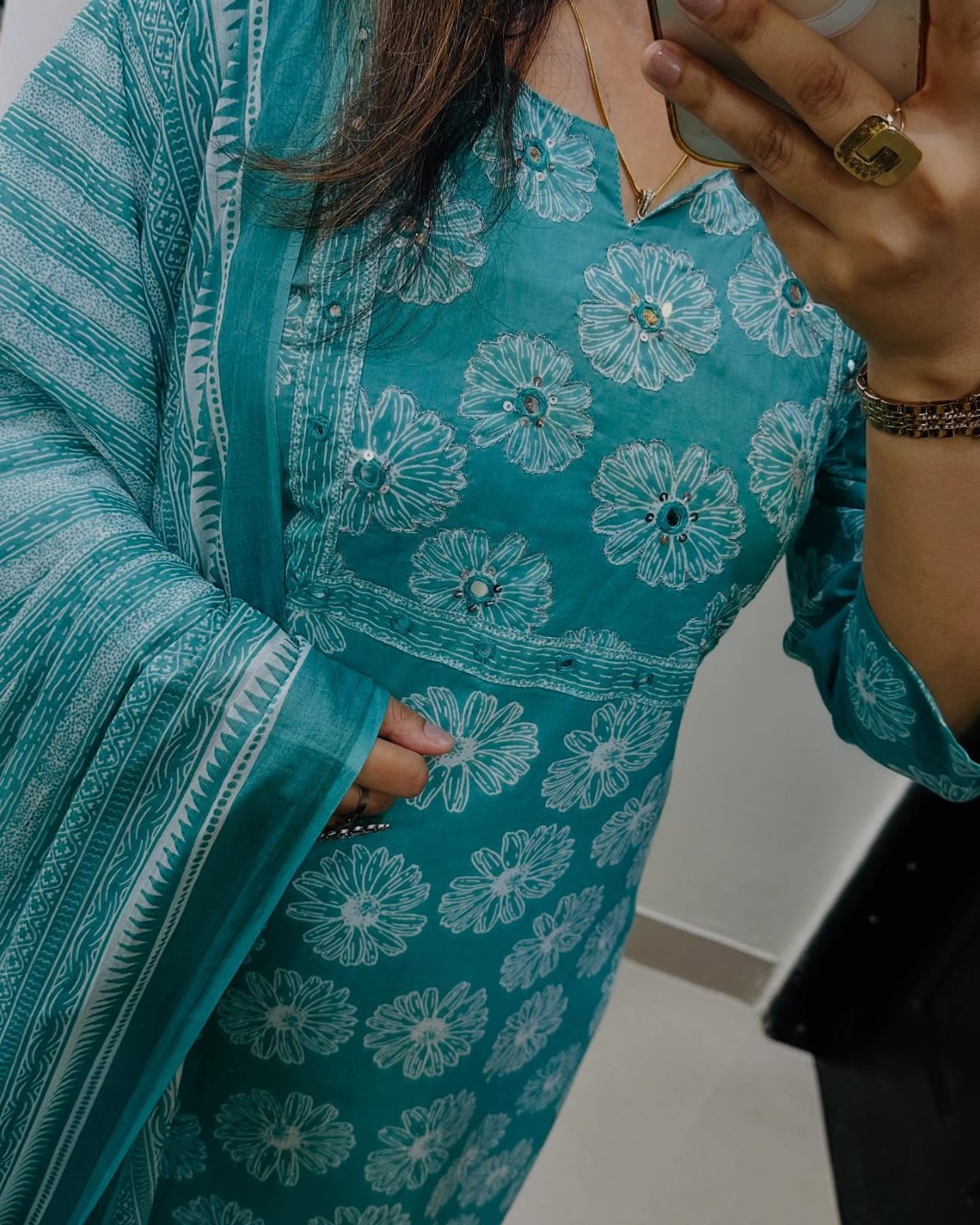 Biba Floral Print Cotton Kurta Set with Striped Dupatta