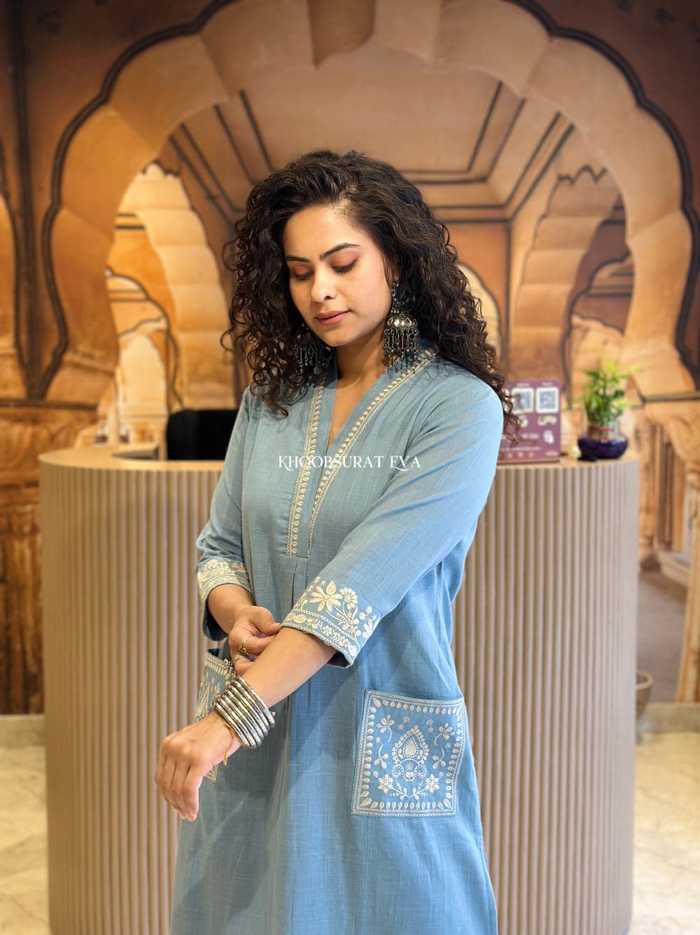 Biba Sky Blue Beautiful Cotton Slub with Both Sides Pocket