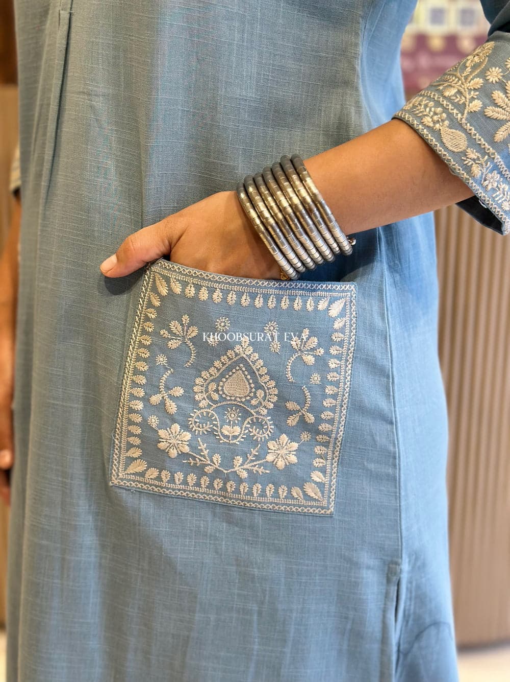Biba Sky Blue Beautiful Cotton Slub with Both Sides Pocket