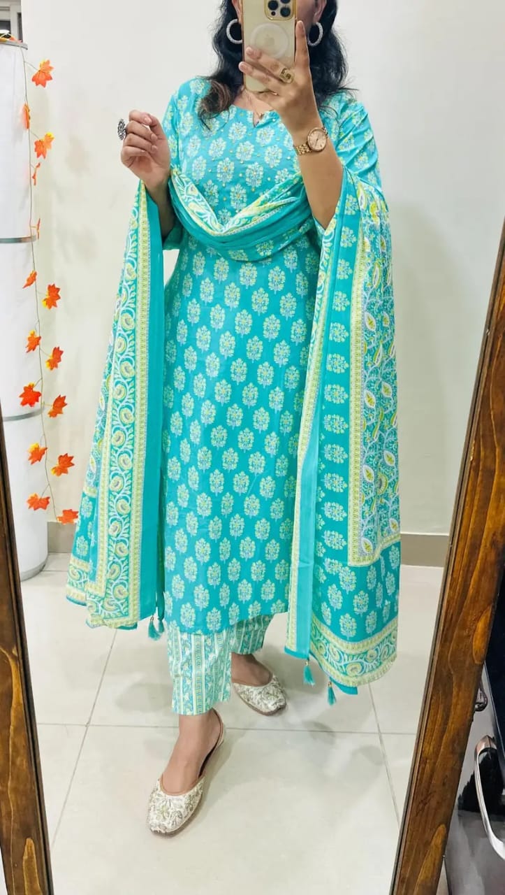 Biba Light Green Floral Print Straight Kurta