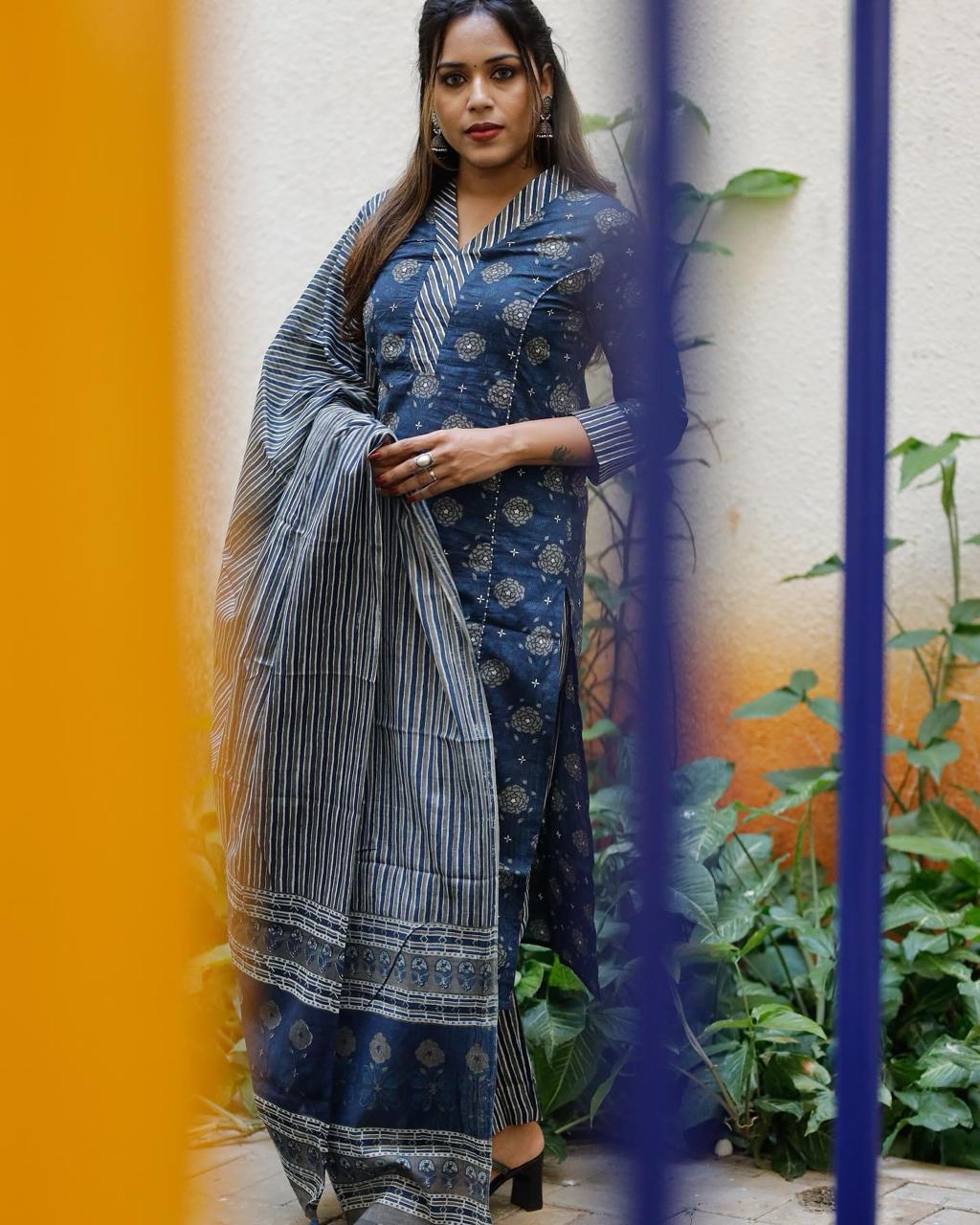 Biba Women Pure Cotton Kurta Palazzo Dupatta Set