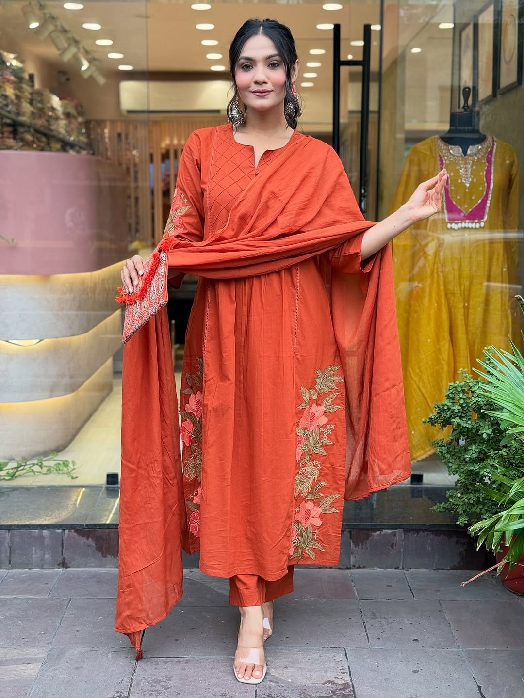 Orange Premium Mul Cotton Kurti Set