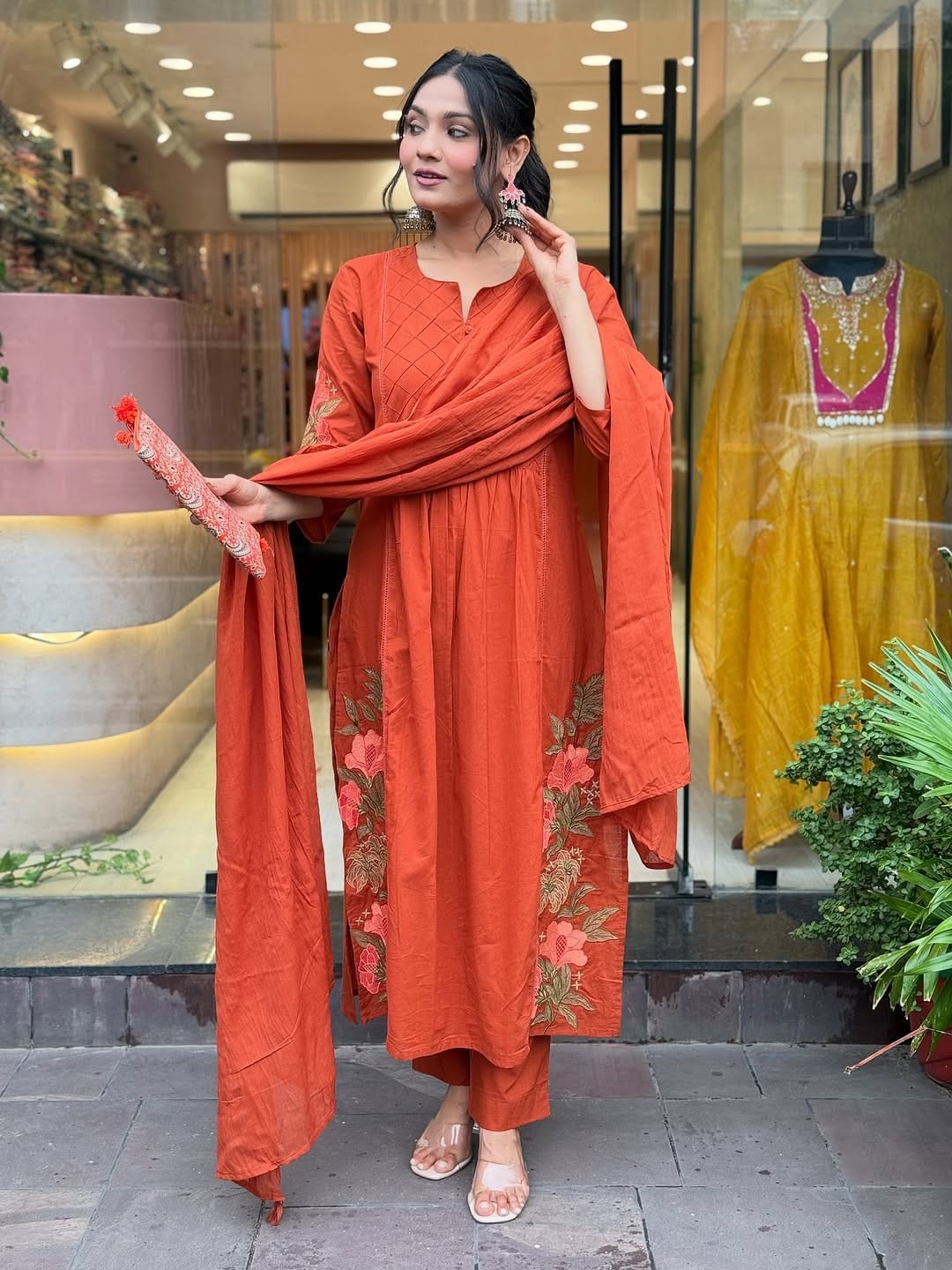 Orange Premium Mul Cotton Kurti Set