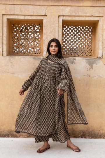 Biba Kashmiri Faren Abaya Black Hand-Block Print Kurta Set With Dupatta