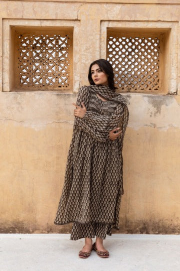 Biba Kashmiri Faren Abaya Black Hand-Block Print Kurta Set With Dupatta