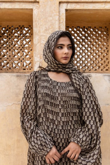 Biba Kashmiri Faren Abaya Black Hand-Block Print Kurta Set With Dupatta