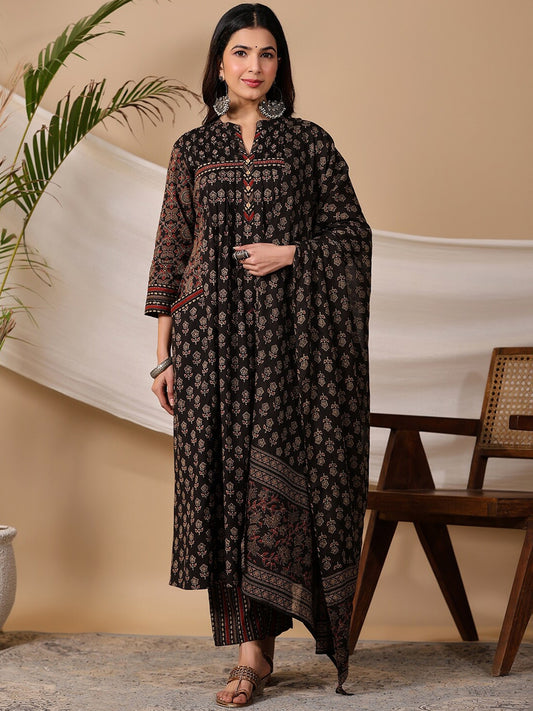 Biba Black Ethnic Motifs Printed Regular Pure Cotton Kurta With Trousers & Dupatta