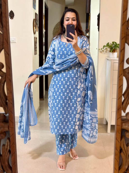 Biba Ice Blue Designer Azrak Cotton Suit