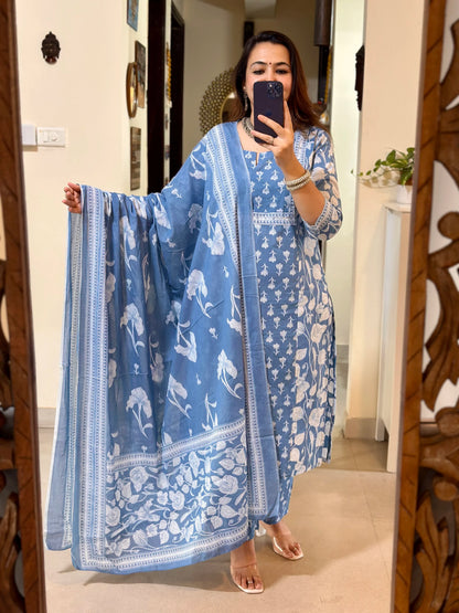Biba Ice Blue Designer Azrak Cotton Suit