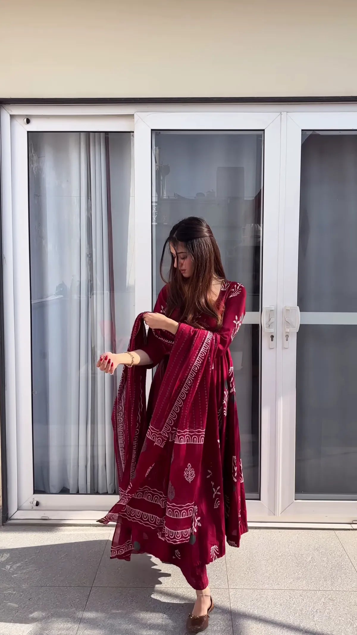 Biba Maroon Handblock Anarkali Set