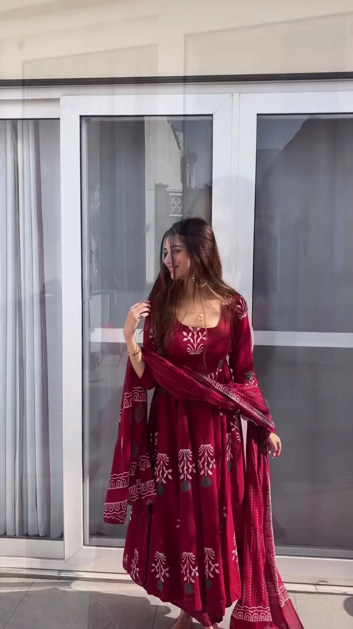Biba Maroon Handblock Anarkali Set