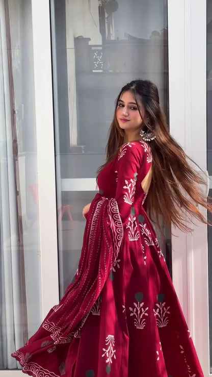 Biba Maroon Handblock Anarkali Set