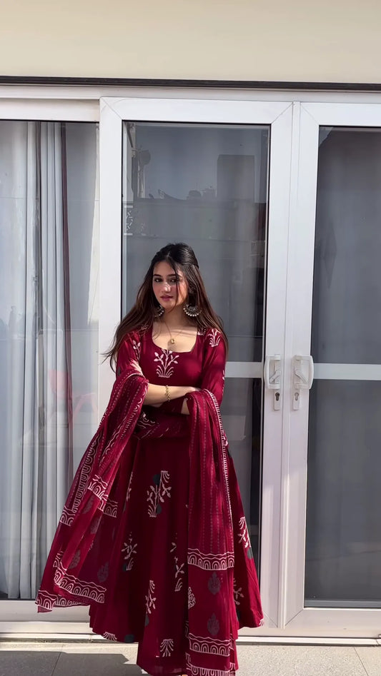 Biba Maroon Handblock Anarkali Set