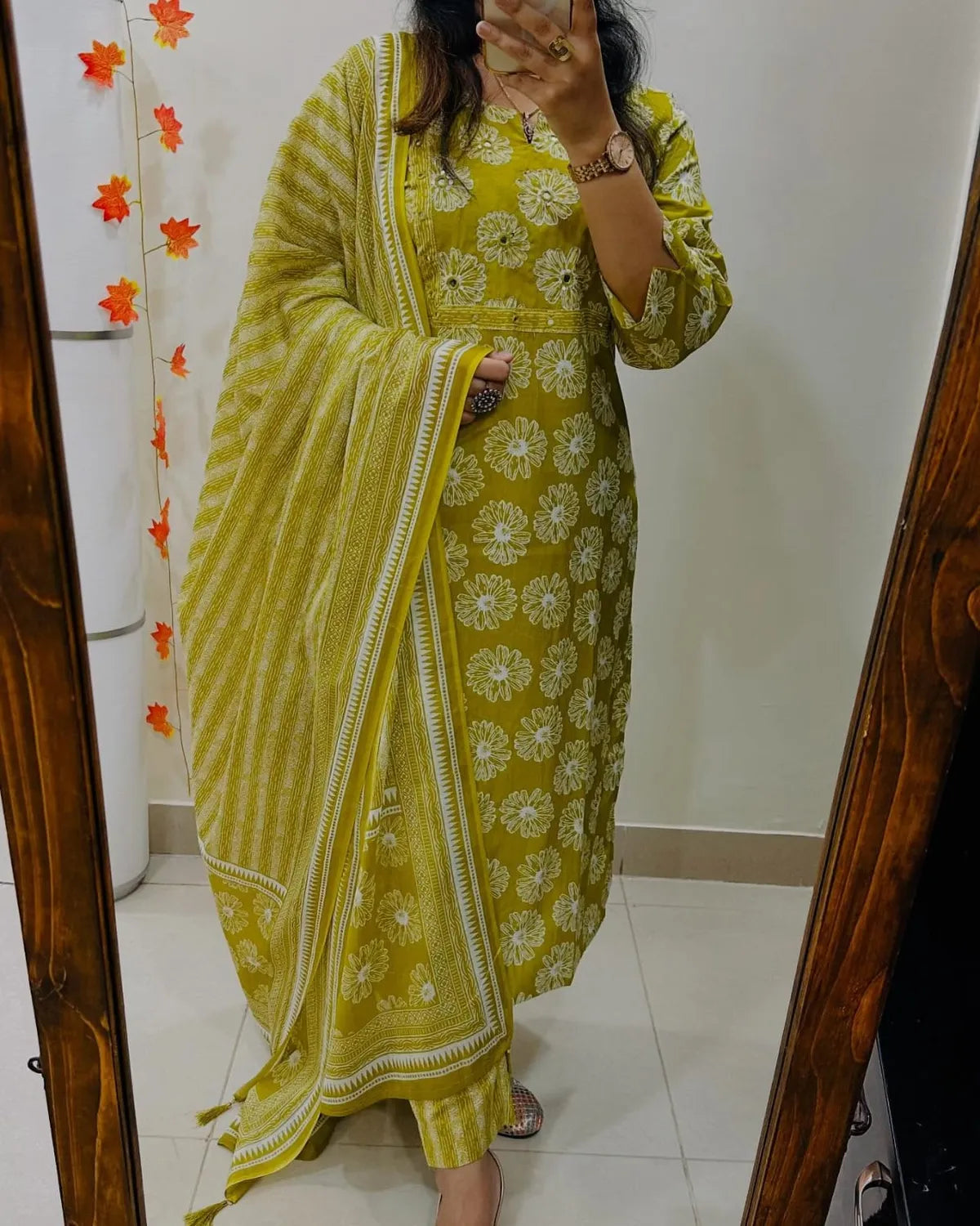 Biba Mustard Yellow Floral Cotton Suit Set with Printed Dupatta