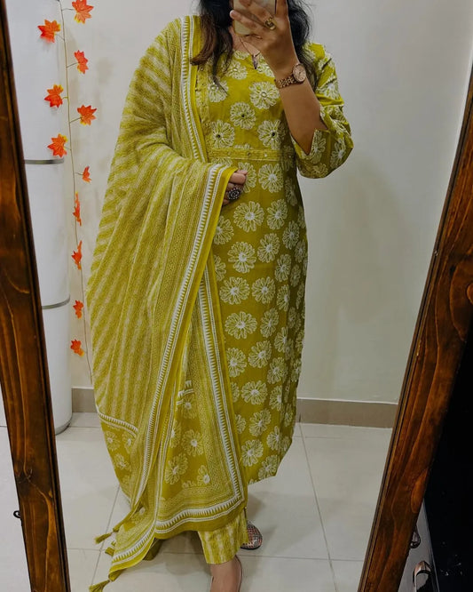 Biba Mustard Yellow Floral Cotton Suit Set with Printed Dupatta