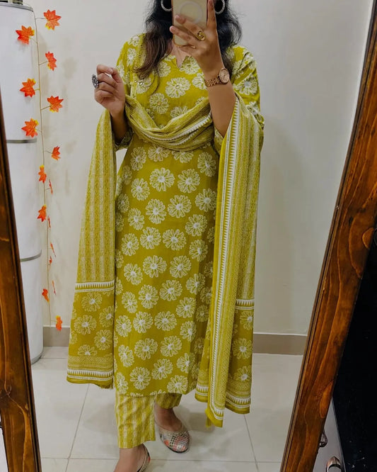 Biba Mustard Yellow Floral Cotton Suit Set with Printed Dupatta