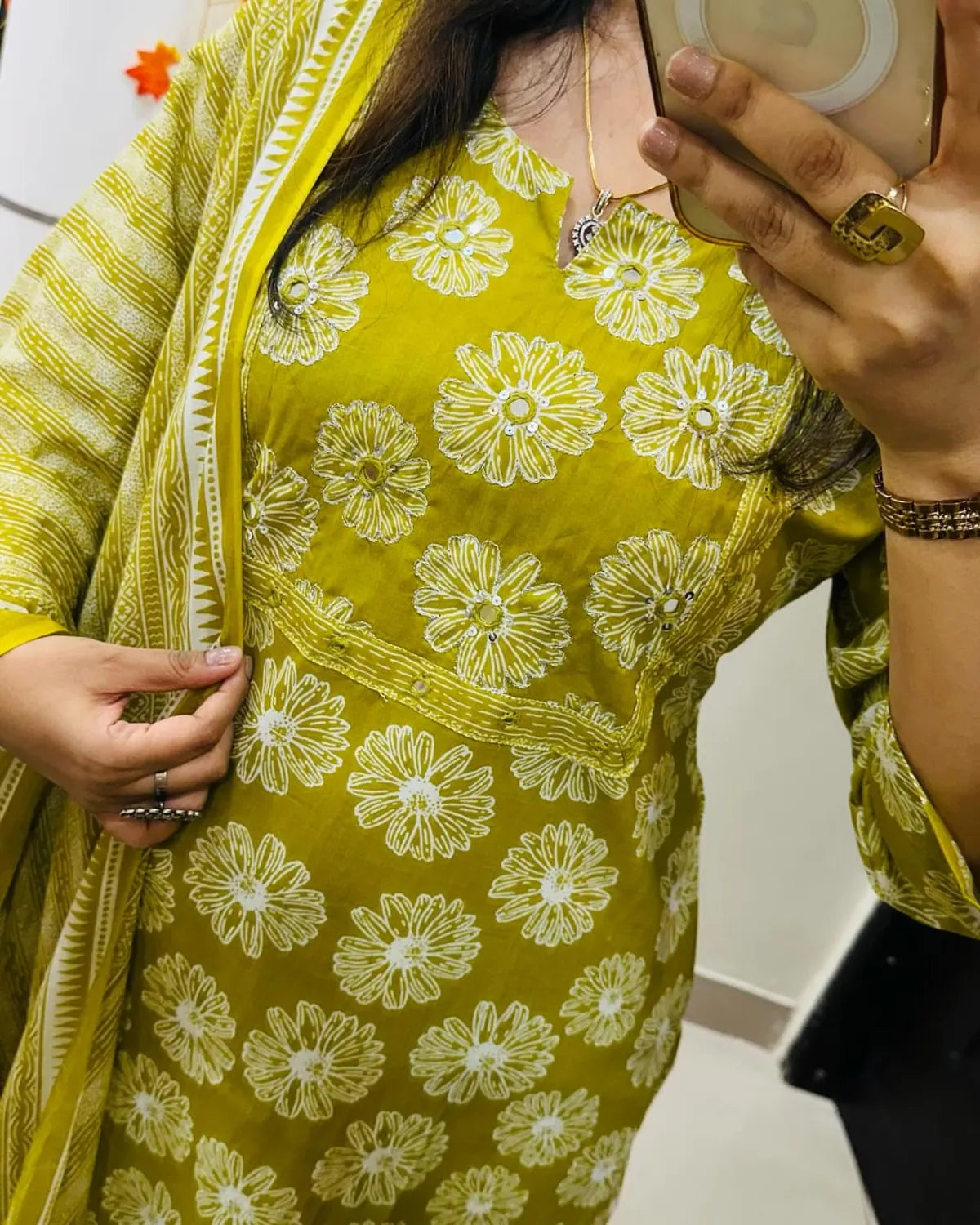 Biba Mustard Yellow Floral Cotton Suit Set with Printed Dupatta