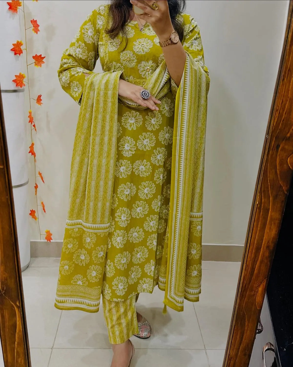 Biba Mustard Yellow Floral Cotton Suit Set with Printed Dupatta
