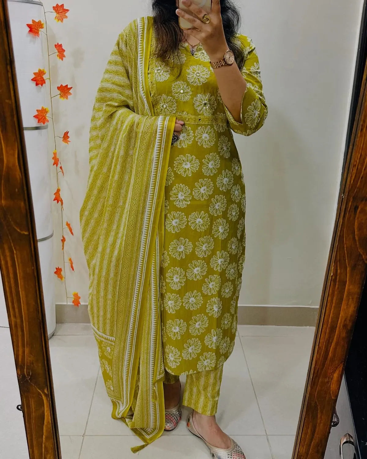 Biba Mustard Yellow Floral Cotton Suit Set with Printed Dupatta
