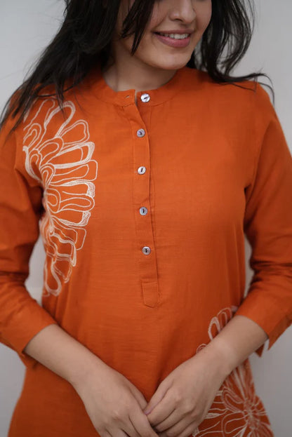 Biba Orange Pure Cotton Kurta Pant Set with Embroidery Work
