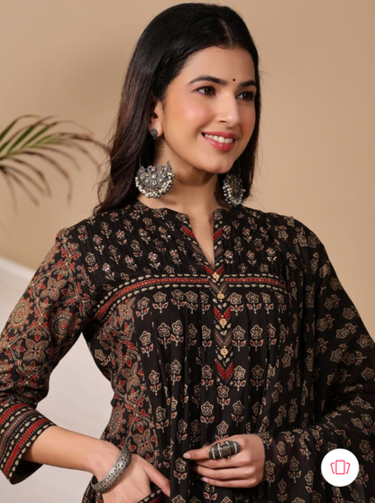 Biba Black Ethnic Motifs Printed Regular Pure Cotton Kurta With Trousers & Dupatta