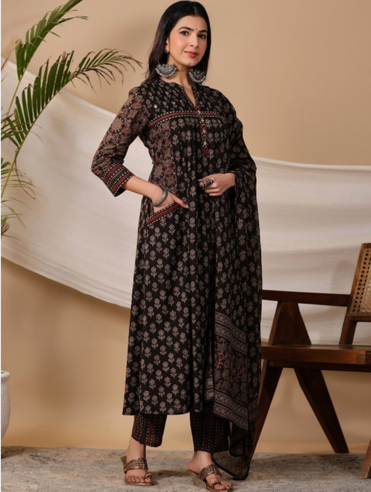 Biba Black Ethnic Motifs Printed Regular Pure Cotton Kurta With Trousers & Dupatta