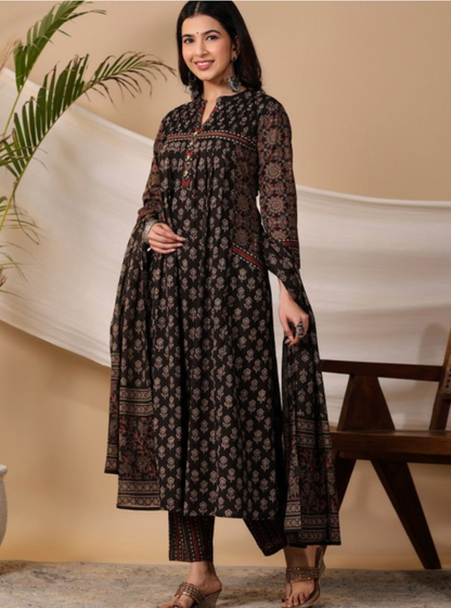 Biba Black Ethnic Motifs Printed Regular Pure Cotton Kurta With Trousers & Dupatta