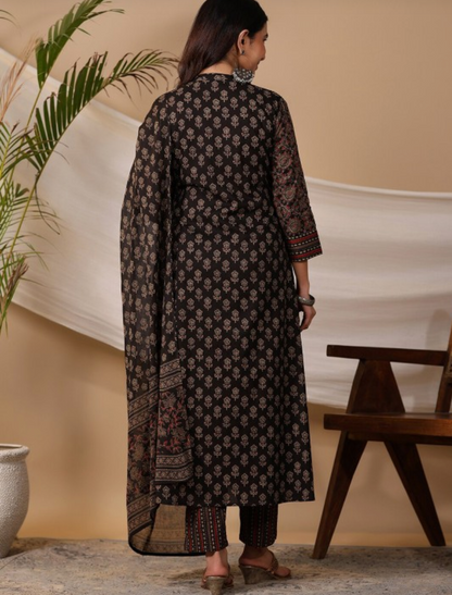 Biba Black Ethnic Motifs Printed Regular Pure Cotton Kurta With Trousers & Dupatta