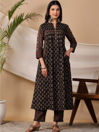 Biba Black Ethnic Motifs Printed Regular Pure Cotton Kurta With Trousers & Dupatta