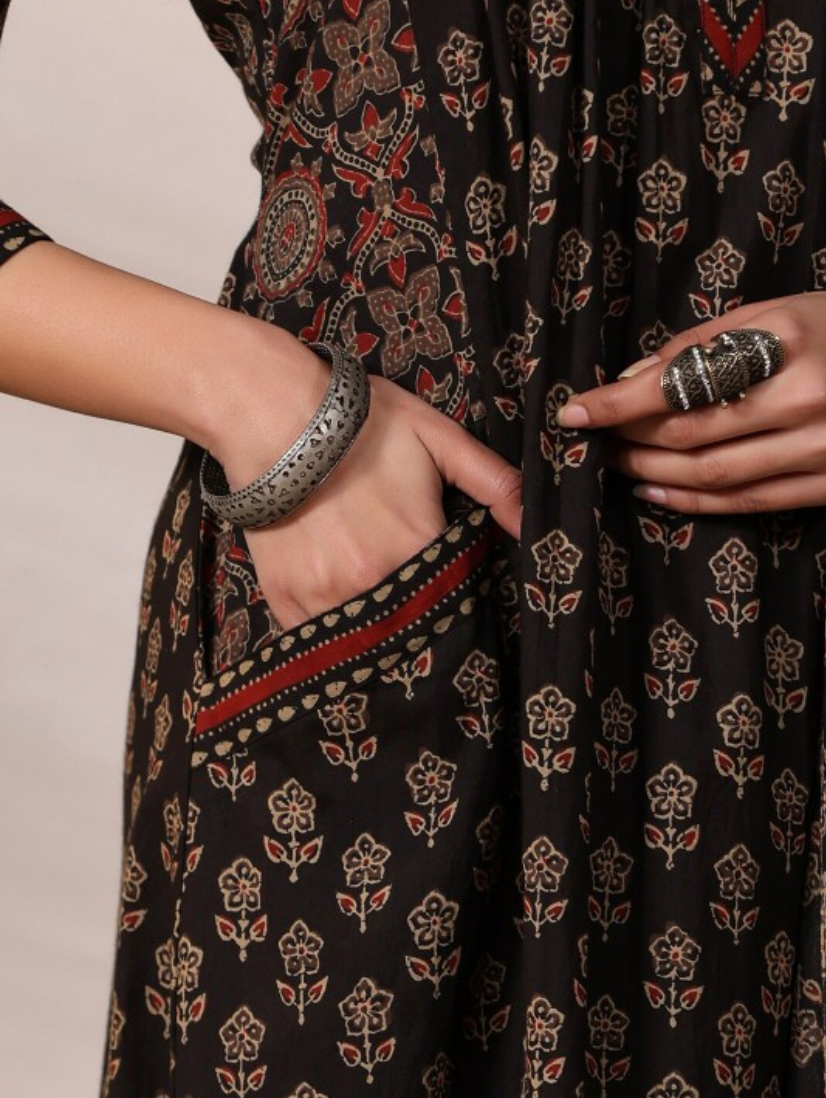 Biba Black Ethnic Motifs Printed Regular Pure Cotton Kurta With Trousers & Dupatta