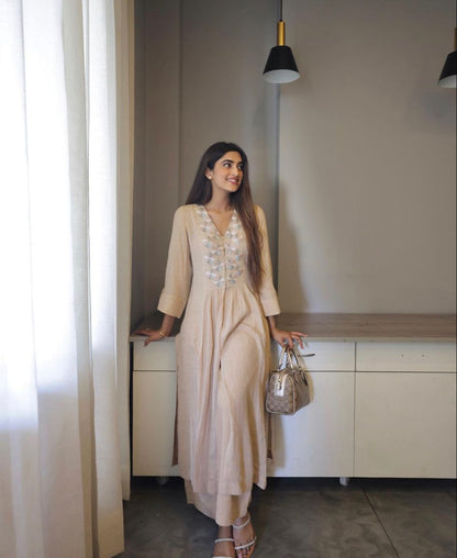 Biba Cream Cotton A-Line Kurti With Palazzo Set For Women