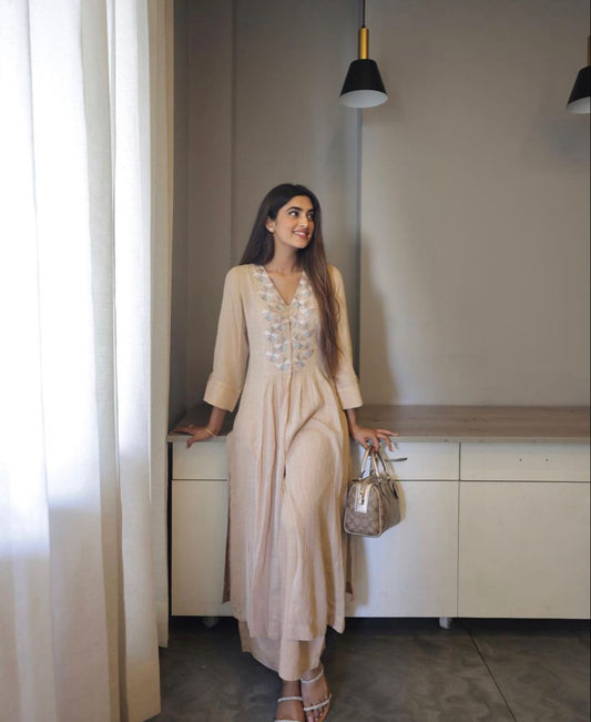 Biba Cream Cotton A-Line Kurti With Palazzo Set For Women