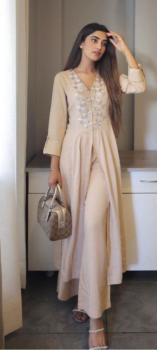 Biba Cream Cotton A-Line Kurti With Palazzo Set For Women