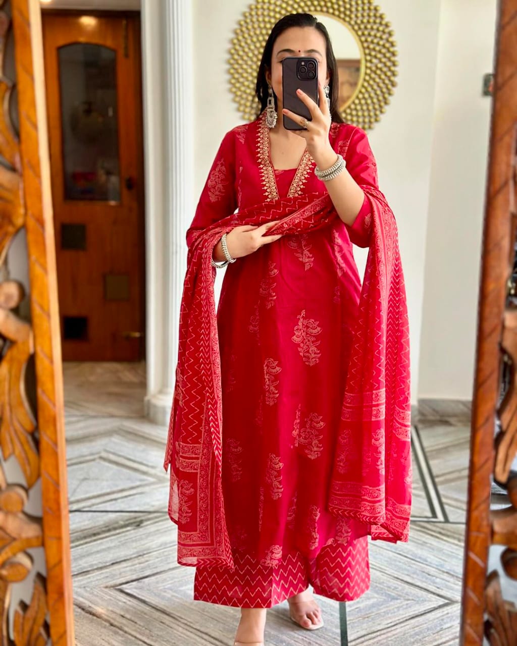 Biba Red Women Kurta ,Pant And Dupatta Set