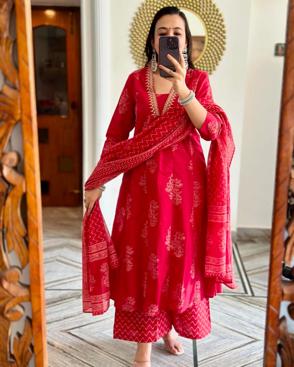 Biba Red Women Kurta ,Pant And Dupatta Set