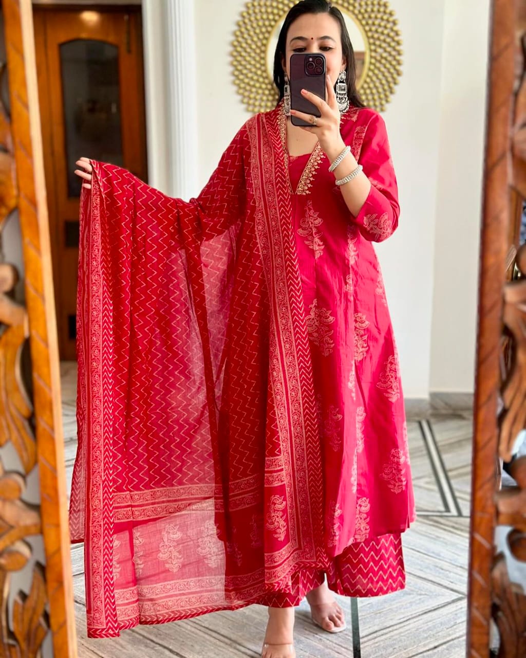 Biba Red Women Kurta ,Pant And Dupatta Set