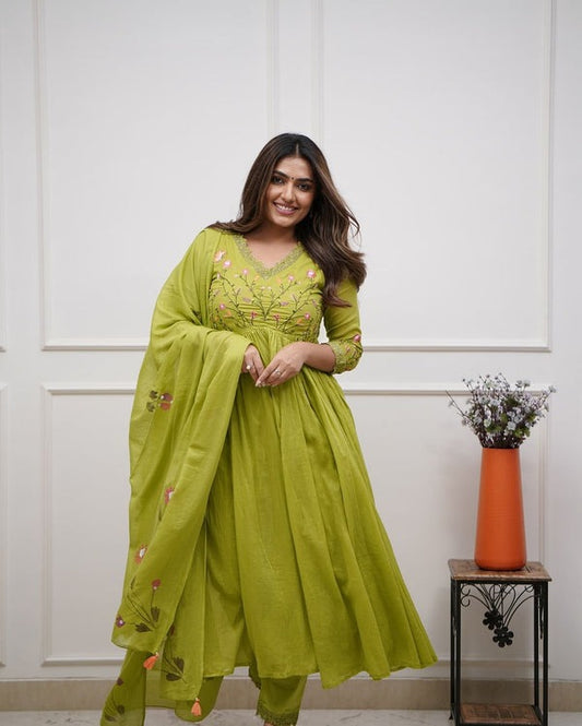 Biba Beautiful Embroidery and Sequence Work Set For Women (Green)